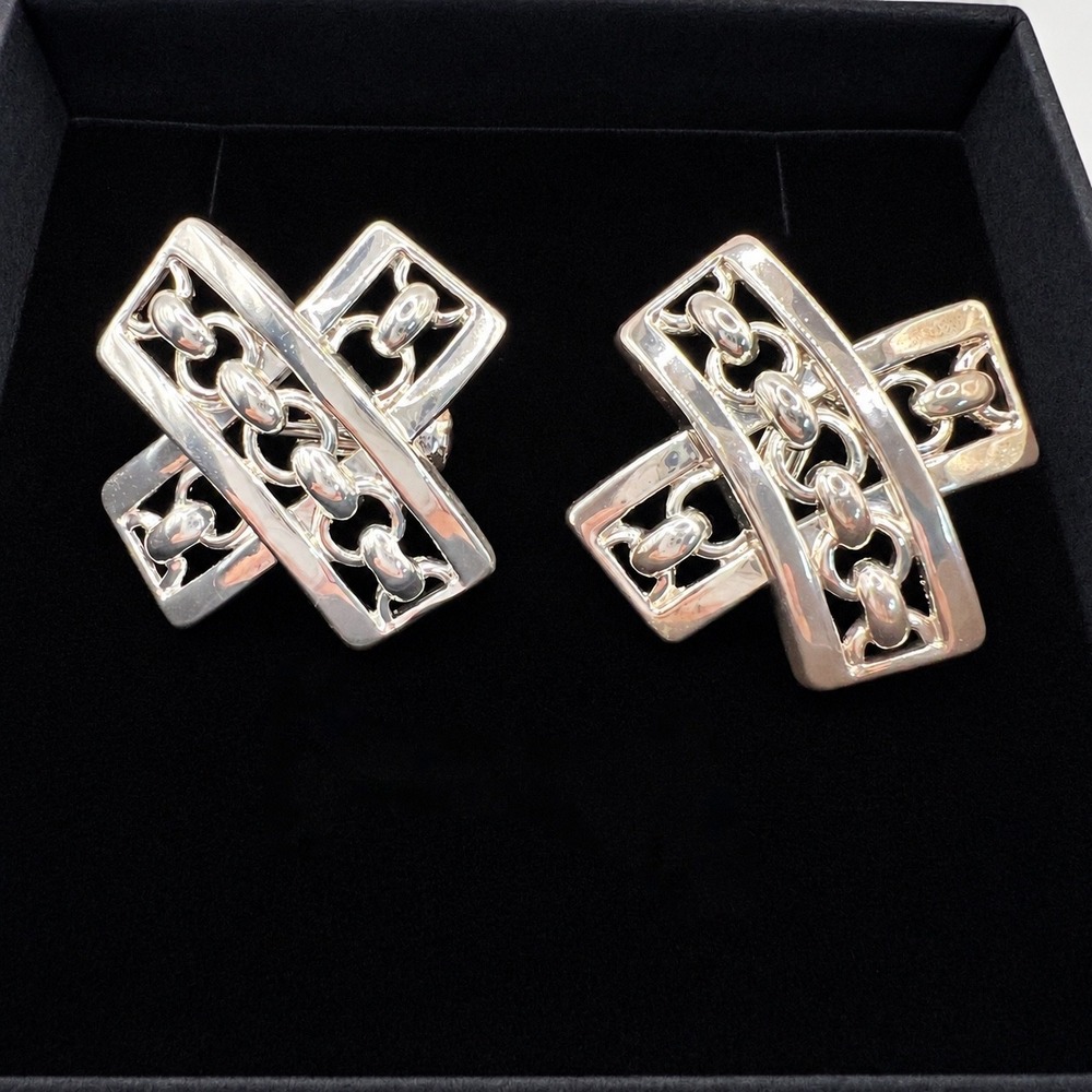 Avon Vintage Silver Tone Geometric X Chain Link Clip On Earrings Statement